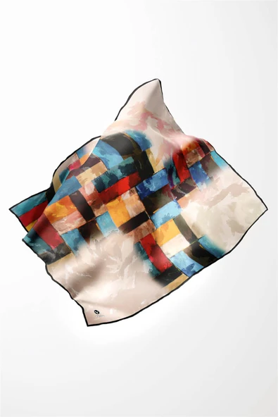 Twill Yağlı Boya Desenli Petrol Mavisi Renkli 90x90 Eşarp (İpek İçermez) Kenar Dikiş Şekli El Dikişli - Resim 4