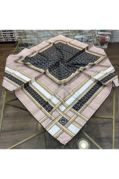 Twill Gold Bordürlü Geometrik Desenli Bej Renkli 90x90 Eşarp (İpek İçermez) Kenar Dikiş Şekli El Dikişli - Resim 6