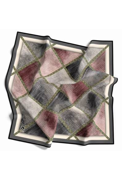 Twill Geometrik Desenli Pudra Renkli 90x90 Eşarp (İpek İçermez) Kenar Dikiş Şekli El Dikişli - Resim 2