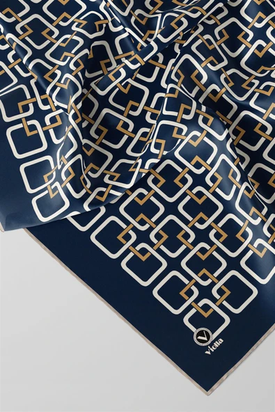 Twill Geometrik Desenli Lacivert Renkli 90x90 Eşarp (İpek İçermez) Kenar Dikiş Şekli El Dikişli - Resim 2