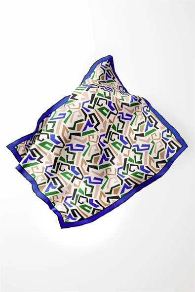 Twill Geometrik Desenli Saks Renkli 90x90 Eşarp (İpek İçermez) Kenar Dikiş Şekli El Dikişli - Resim 3