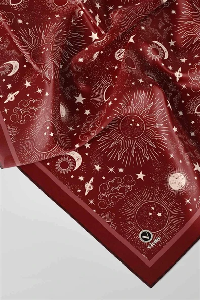 Twill Galaksi Desenli Bordo Renkli 90x90 Eşarp (İpek İçermez) Dikim Şekli : El Dikişi - Resim 3