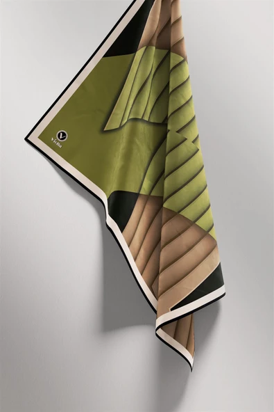 Rayon Zikzak Çizgi Desenli Haki Renkli 90x90 Eşarp (İpek İçermez) Dikim Şekli : El Dikişi - Resim 5