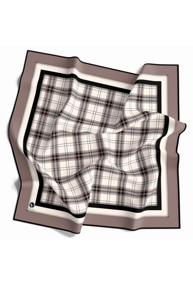 Twill Ekose Desenli Bej Renkli 90x90 Eşarp (İpek İçermez) Kenar Dikiş Şekli El Dikişli ürün görseli