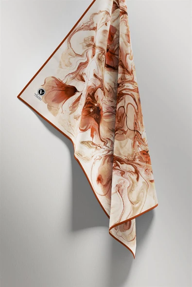 Twill Soyut Desenli Taba Renkli 90x90 Eşarp (İpek İçermez) Kenar Dikiş Şekli El Dikişli - Resim 3