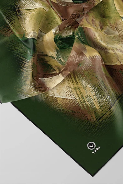 Twill Fırça Efektli Desenli Zümrüt Yeşili Renkli 90x90 Eşarp (İpek İçermez) Kenar Dikiş Şekli El Dikişli - Resim 2