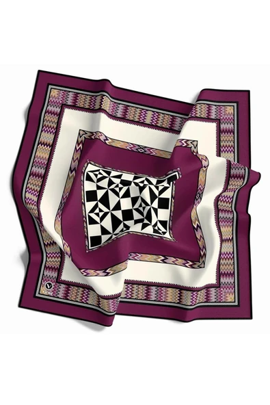 Kristal Geometrik Desenli Mürdüm - Krem Renkli 90x90 Dikim Şekli : El Dikişi Eşarp (İpek İçermez) ürün görseli