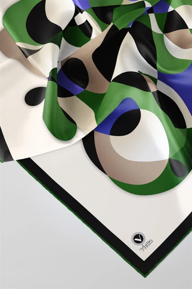 Twill Geometrik Desenli Zümrüt Yeşili - Saks Renkli 90x90 Eşarp (İpek İçermez) Kenar Dikiş Şekli El Dikişli - Resim 2