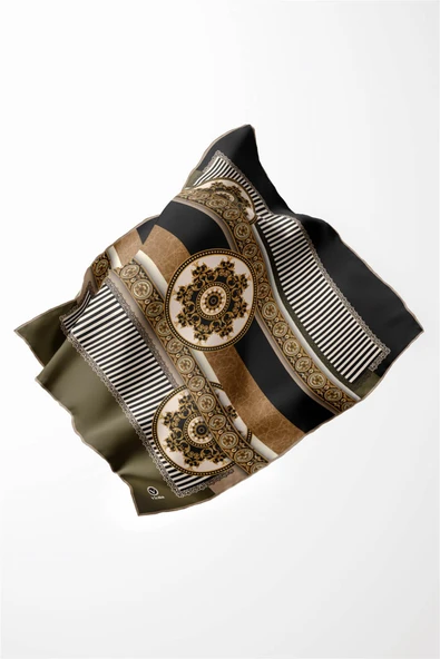 Twill Çizgili ve Barok Desenli Haki Renkli 90x90 Eşarp (İpek İçermez) Kenar Dikiş Şekli El Dikişli - Resim 3