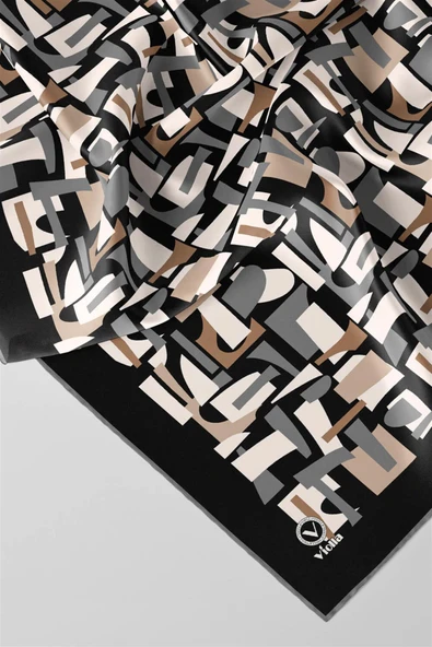 Twill Geometrik Desenli Bej - Gri Renkli 90x90 Eşarp (İpek İçermez) Dikim Şekli : El Dikişi - Resim 2