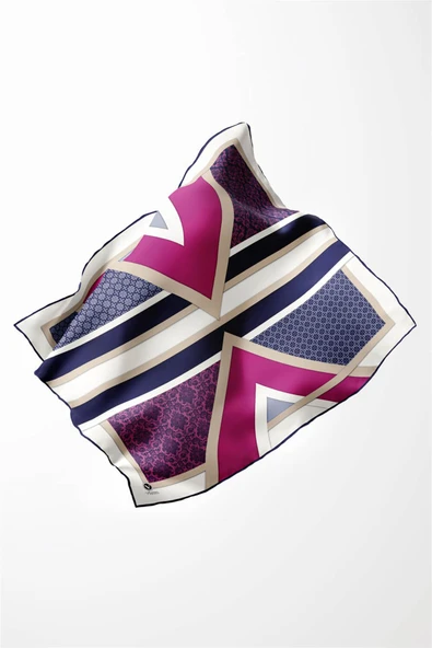 Twill Geometrik Barok Desenli Mürdüm - Lacivert Renkli 90x90 Eşarp (İpek İçermez) Kenar Dikiş Şekli El Dikişli - Resim 4