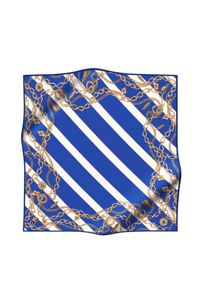 Twill Çizgili Zincir Desenli Saks Renkli 90x90 Eşarp (İpek İçermez) Kenar Dikiş Şekli El Dikişli - Resim 2