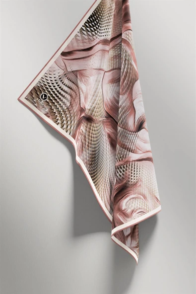 Twill Geometrik Ve Dalga Desenli Pudra Renkli 90x90 Eşarp (İpek İçermez) Dikim Şekli : El Dikişi - Resim 4