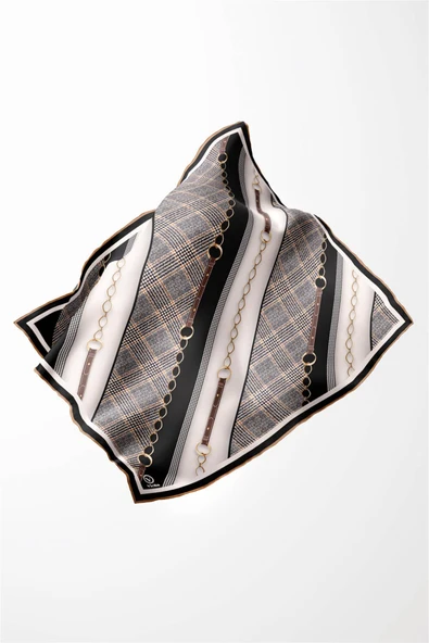 Twill Kemer Desenli Siyah Renkli 90x90 Eşarp (İpek İçermez) Kenar Dikiş Şekli El Dikişli - Resim 4