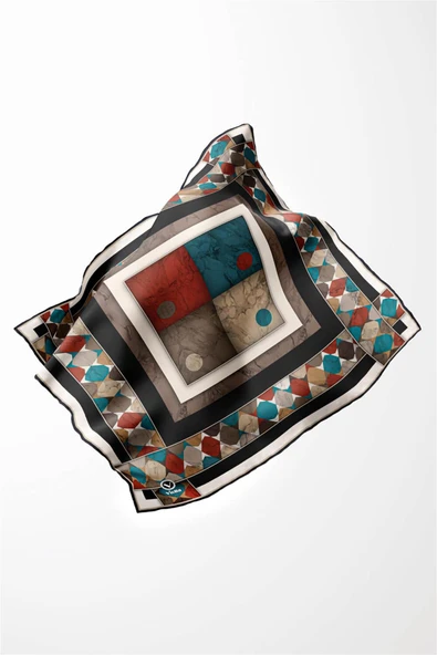 Twill Geometrik Mermer Desenli Siyah Renkli 90x90 Eşarp (İpek İçermez) Kenar Dikiş Şekli El Dikişli - Resim 3