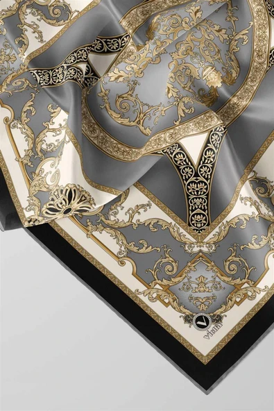 Twill Barok Desenli Gri Renkli 90x90 Eşarp (İpek İçermez) Kenar Dikiş Şekli El Dikişli ürün görseli