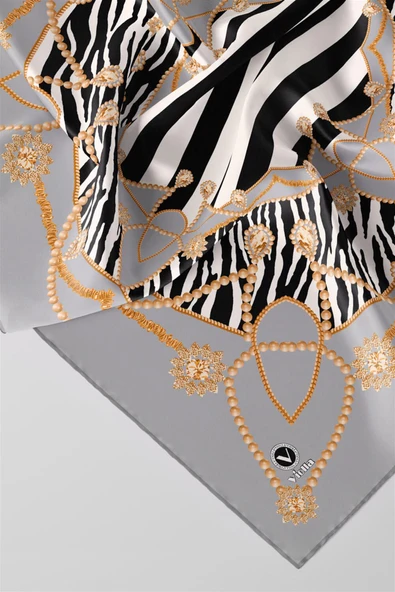 Twill Gold Detaylı Zebra Desenli Gümüş Renkli 90x90 Eşarp (İpek İçermez) Kenar Dikiş Şekli El Dikişli - Resim 2