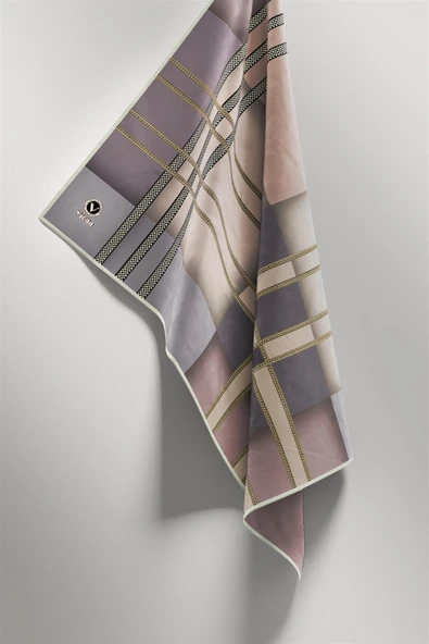 Twill Geometrik Desenli Bej Renkli 90x90 Eşarp (İpek İçermez) Kenar Dikiş Şekli El Dikişli - Resim 5