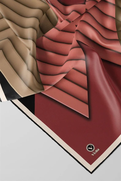 Rayon Zikzak Çizgi Desenli Gül Kurusu Renkli 90x90 Eşarp (İpek İçermez) Dikim Şekli : El Dikişi - Resim 3