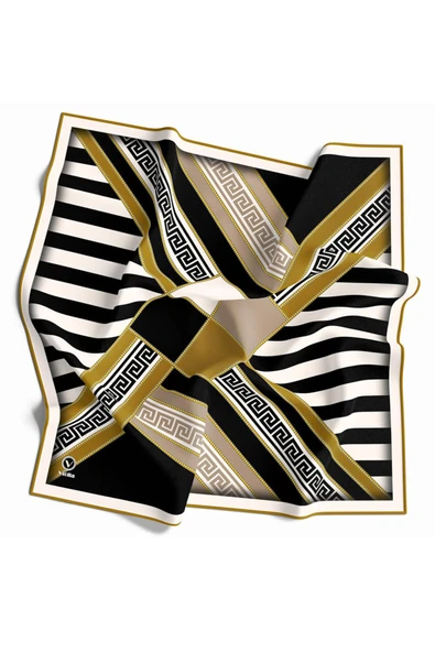 Twill Çizgili Geometrik Desenli Hardal Renkli 90x90 Eşarp (İpek İçermez) Kenar Dikiş Şekli El Dikişli ürün görseli