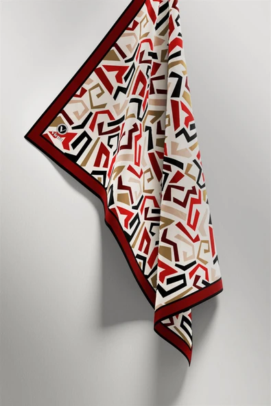 Twill Geometrik Desenli Bordo Renkli 90x90 Eşarp (İpek İçermez) Kenar Dikiş Şekli El Dikişli - Resim 4