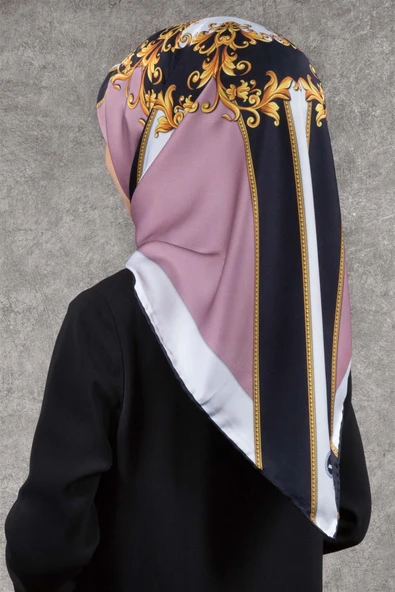 Twill Barok Desenli Pudra - Siyah Renkli 90x90 Dikim Şekli : El Dikişi Eşarp (İpek İçermez) ürün görseli