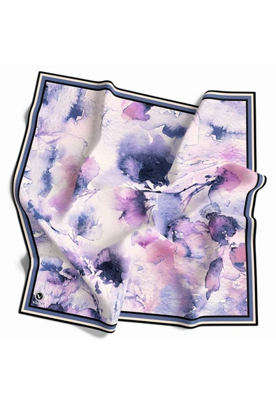 Rayon Sulu Boya Çiçek Desenli İndigo - Pembe Renkli 90x90 Dikim Şekli : El Dikişi Eşarp (İpek İçermez) - Resim 2