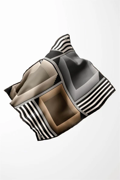 Twill Geometrik Desenli Vizon Renkli 90x90 Eşarp (İpek İçermez) Kenar Dikiş Şekli El Dikişli - Resim 4
