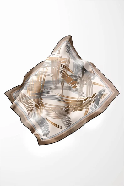 Twill Geometrik Desenli Bej Renkli 90x90 Eşarp (İpek İçermez) Kenar Dikiş Şekli El Dikişli - Resim 3