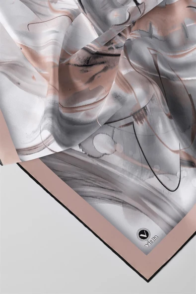 Twill Çiçek Tablo Desenli Bej Renkli 90x90 Eşarp (İpek İçermez) Kenar Dikiş Şekli El Dikişli - Resim 2