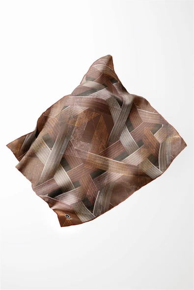Twill Dokulu Geometrik Desenli Bakır Renkli 90x90 Eşarp (İpek İçermez) Kenar Dikiş Şekli El Dikişli - Resim 4