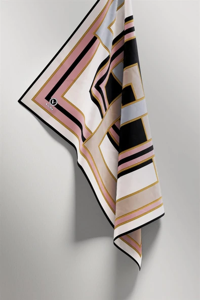 Twill Çerçeve Desenli Gri - Pudra Renkli 90x90 Eşarp (İpek İçermez) Kenar Dikiş Şekli El Dikişli - Resim 4