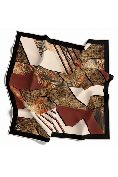 Twill Dalgalı Geometrik Desenli Taba Renkli 90x90 Eşarp (İpek İçermez) Kenar Dikiş Şekli El Dikişli ürün görseli