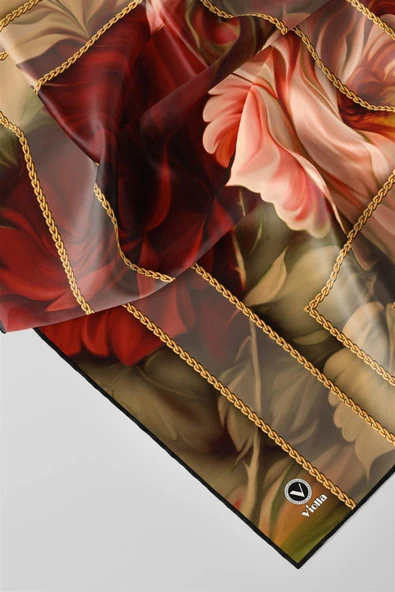 Twill Gül Desenli Bordo - Vizon Renkli 90x90 Eşarp (İpek İçermez) Kenar Dikiş Şekli El Dikişli - Resim 2