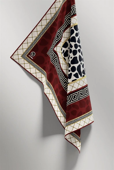 Twill Taş Desenli Bordo Renkli 90x90 Eşarp (İpek İçermez) Kenar Dikiş Şekli El Dikişli - Resim 4