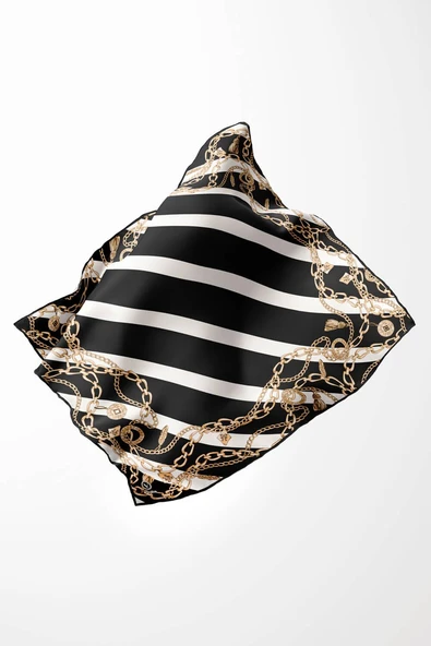 Twill Çizgili Zincir Desenli Siyah Renkli 90x90 Eşarp (İpek İçermez) Kenar Dikiş Şekli El Dikişli - Resim 5