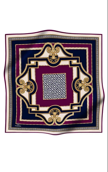 %100 Twill İpek Barok Desenli Mürdüm - Lacivert Renkli 90x90 Eşarp Dikim Şekli : El Dikişi - Resim 2