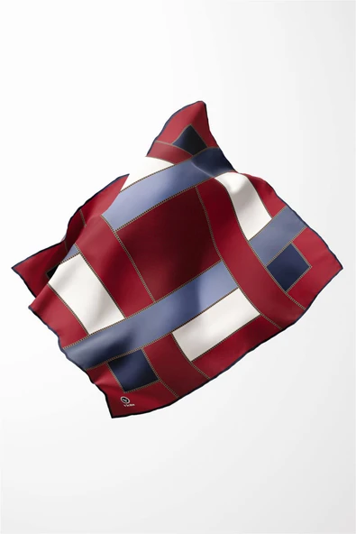 Twill Geometrik Desenli Bordo - Lacivert Renkli 90x90 Eşarp (İpek İçermez) Kenar Dikiş Şekli El Dikişli - Resim 4