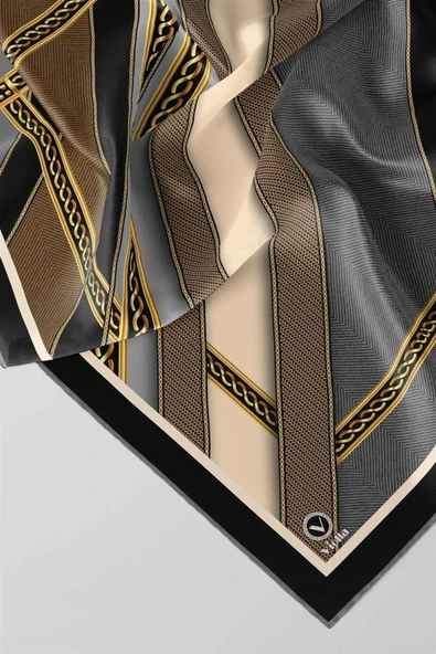 Twill Gold Çerçeveli Renkli Şerit Desenli Gri - Bej Renkli 90x90 Eşarp (İpek İçermez) Dikim Şekli : El Dikişi - Resim 4