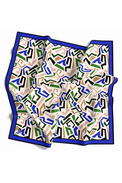 Twill Geometrik Desenli Saks Renkli 90x90 Eşarp (İpek İçermez) Kenar Dikiş Şekli El Dikişli ürün görseli 1
