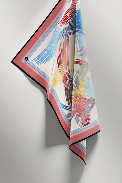 Twill Geometrik Desenli Pudra Renkli 90x90 Eşarp (İpek İçermez) Kenar Dikiş Şekli El Dikişli - Resim 4