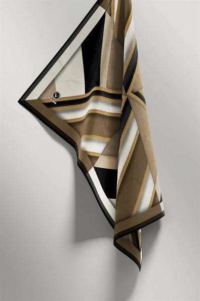Twill Geometrik Desenli Bej Renkli 90x90 Eşarp (İpek İçermez) Dikim Şekli : El Dikişi - Resim 4
