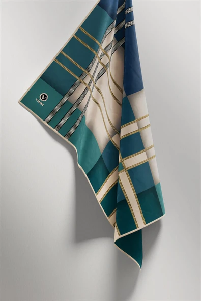 Twill Geometrik Desenli Petrol Yeşili - İndigo Renkli 90x90 Eşarp (İpek İçermez) Kenar Dikiş Şekli El Dikişli - Resim 5