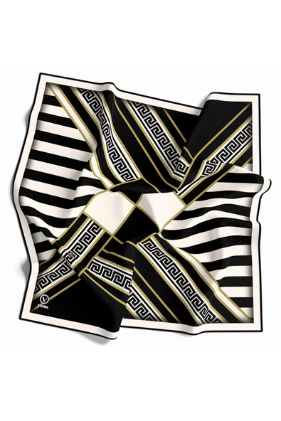 Twill Çizgili Geometrik Desenli Siyah Renkli 90x90 Eşarp (İpek İçermez) Kenar Dikiş Şekli El Dikişli ürün görseli