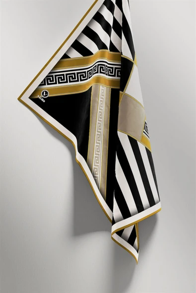 Twill Çizgili Geometrik Desenli Hardal Renkli 90x90 Eşarp (İpek İçermez) Kenar Dikiş Şekli El Dikişli - Resim 4