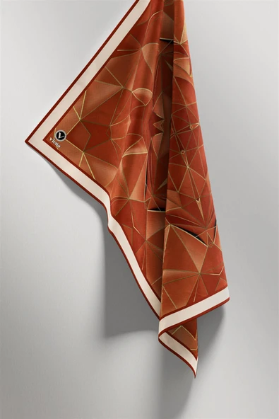 Twill Geometrik Desenli Taba Renkli 90x90 Eşarp (İpek İçermez) Kenar Dikiş Şekli El Dikişli - Resim 5