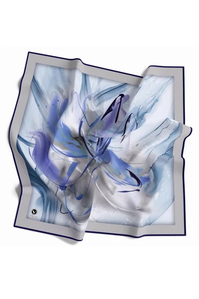 Twill Çiçek Tablo Desenli Lacivert Renkli 90x90 Eşarp (İpek İçermez) Kenar Dikiş Şekli El Dikişli ürün görseli