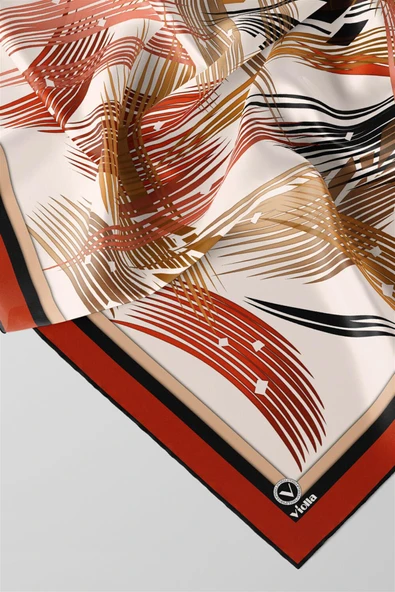 Twill Geometrik Desenli Taba Renkli 90x90 Eşarp (İpek İçermez) Kenar Dikiş Şekli El Dikişli - Resim 2