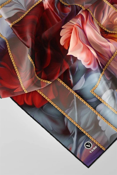 Twill Gül Desenli Kırmızı - Bebe Mavisi Renkli 90x90 Eşarp (İpek İçermez) Kenar Dikiş Şekli El Dikişli - Resim 2