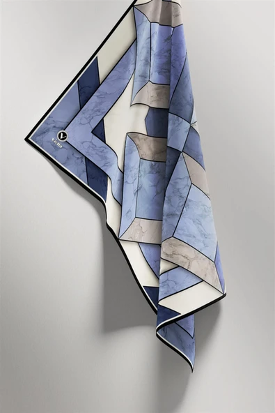 Twill Mermer Desenli İndigo - Lacivert Renkli 90x90 Eşarp (İpek İçermez) Kenar Dikiş Şekli El Dikişli - Resim 5